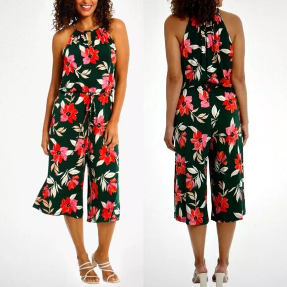 Maggy London Green Red Floral Halter Neck Crop Jumpsuit 22035 - Picture 1 of 9